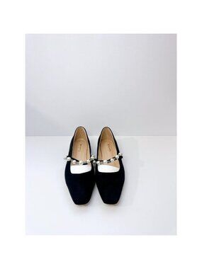 Size 9 Women’s Black Suede Flats with Pearl Strap Square Toe Mary Jane XYD